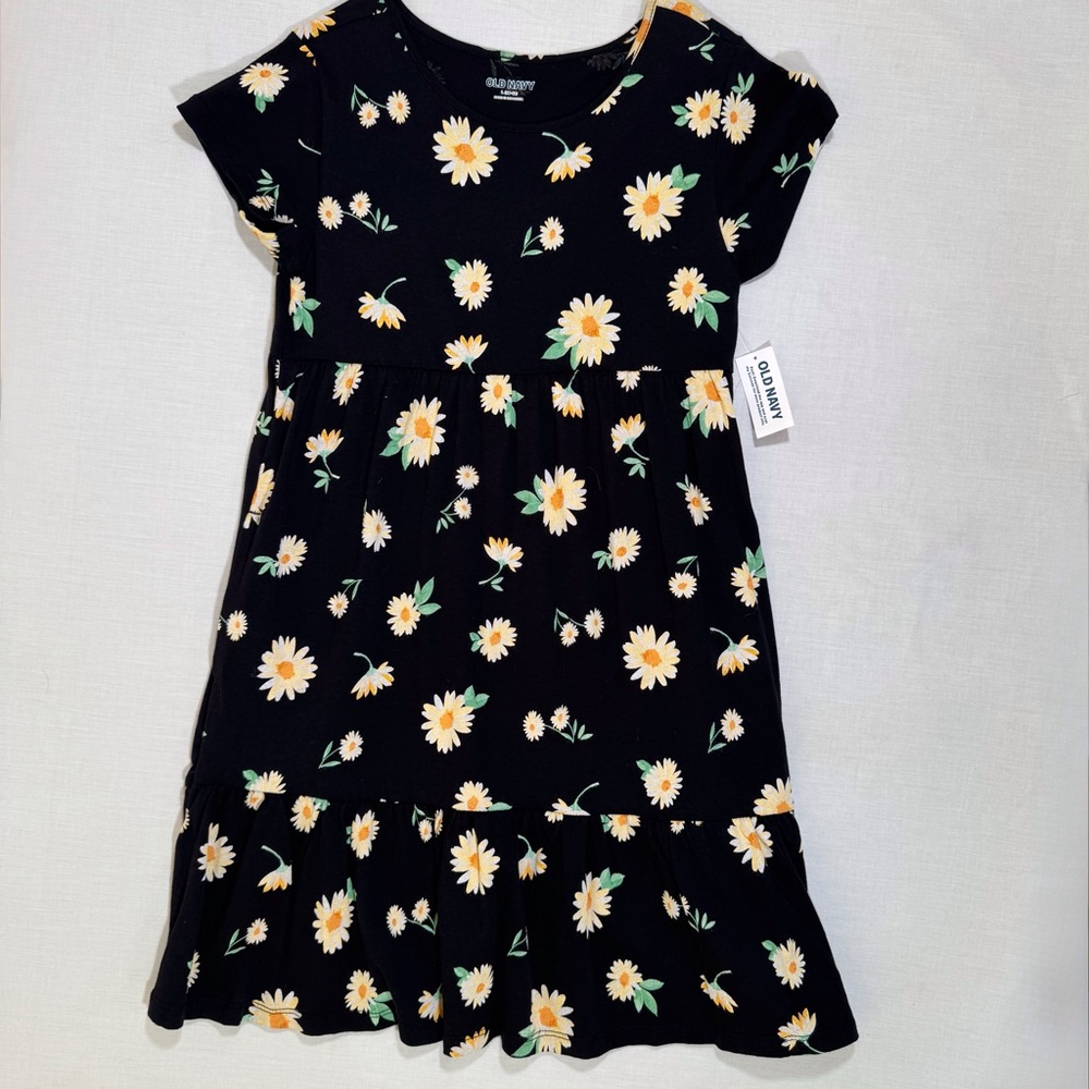 Old Navy Kids Dress - Black with White and Yellow Floral
